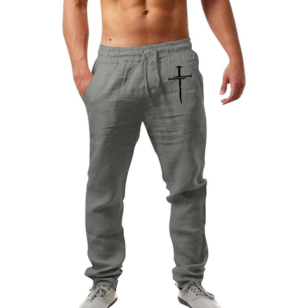 Pantalones casuales de lino para hombre, color liso, estampado de árbol, ligeros, sueltos, elásticos, con cordón, para verano, playa, yoga 085-gris oscuro 3XL 085-gris oscuro 3XL Xishao ropa