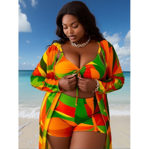 Plus Size 3 Piece Swimsuit for Women High Waisted Boy Short Bathing Suits with Long Sleeve Cover Up Geometric Print Drawstring Bikini Set Tummy Control Quick Dry Swimwear