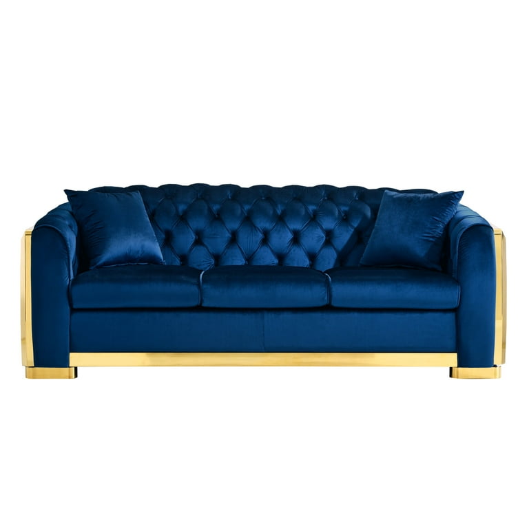 84 Luxury Chesterfield Velvet Tufted 3 Seater Sofa with Gold Stainless Decoration and Pillows Blue