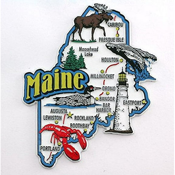 Maine State Map and Landmarks Collage Magnet FMC