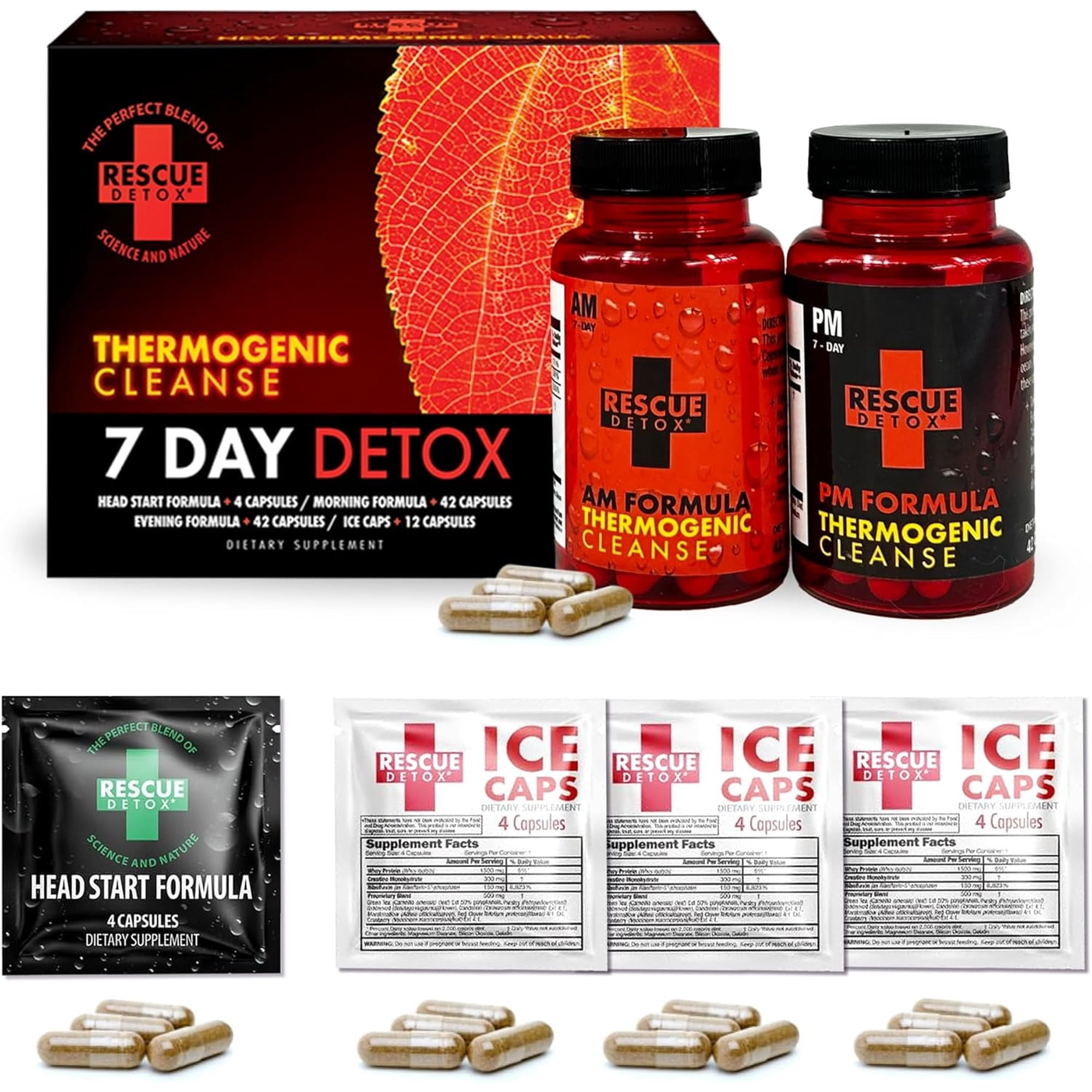 Rescue 7 Day Thermogenic Detox Kit with Herbal Extracts – Full Body Cleanse for Men and Women – 100ct Capsules with Bonus Instant Ice Caps