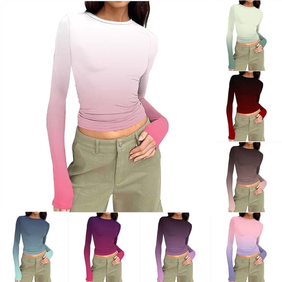 YHAJDS Casual Tops for Women Print Stretch Crew Neck Ribbed Long Sleeve Summer Top