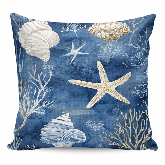 Throw Pillow Covers 18x18 Inch, Navy Blue Coastal Decorative Pillow Cases for Couch Sofa Bed, Nautical Beach Starfish Coral Summer Cotton Linen Square Home Decor Pillowcases with Hidden Zipper