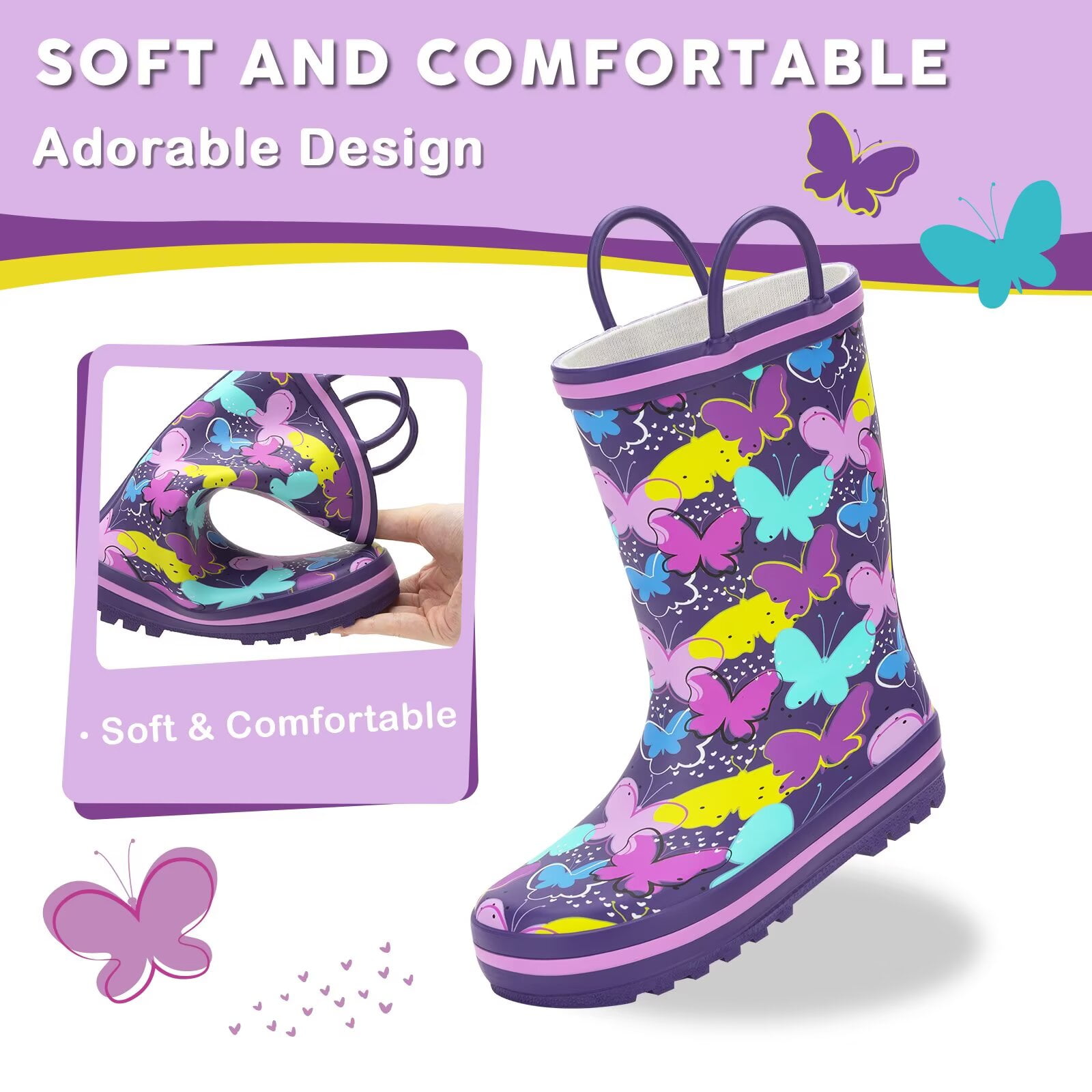 FUNCOO PLUS Toddler Rubber Rain Boots Kids Waterproof Boots for Girls, Butterfly, Big Kid Size 1