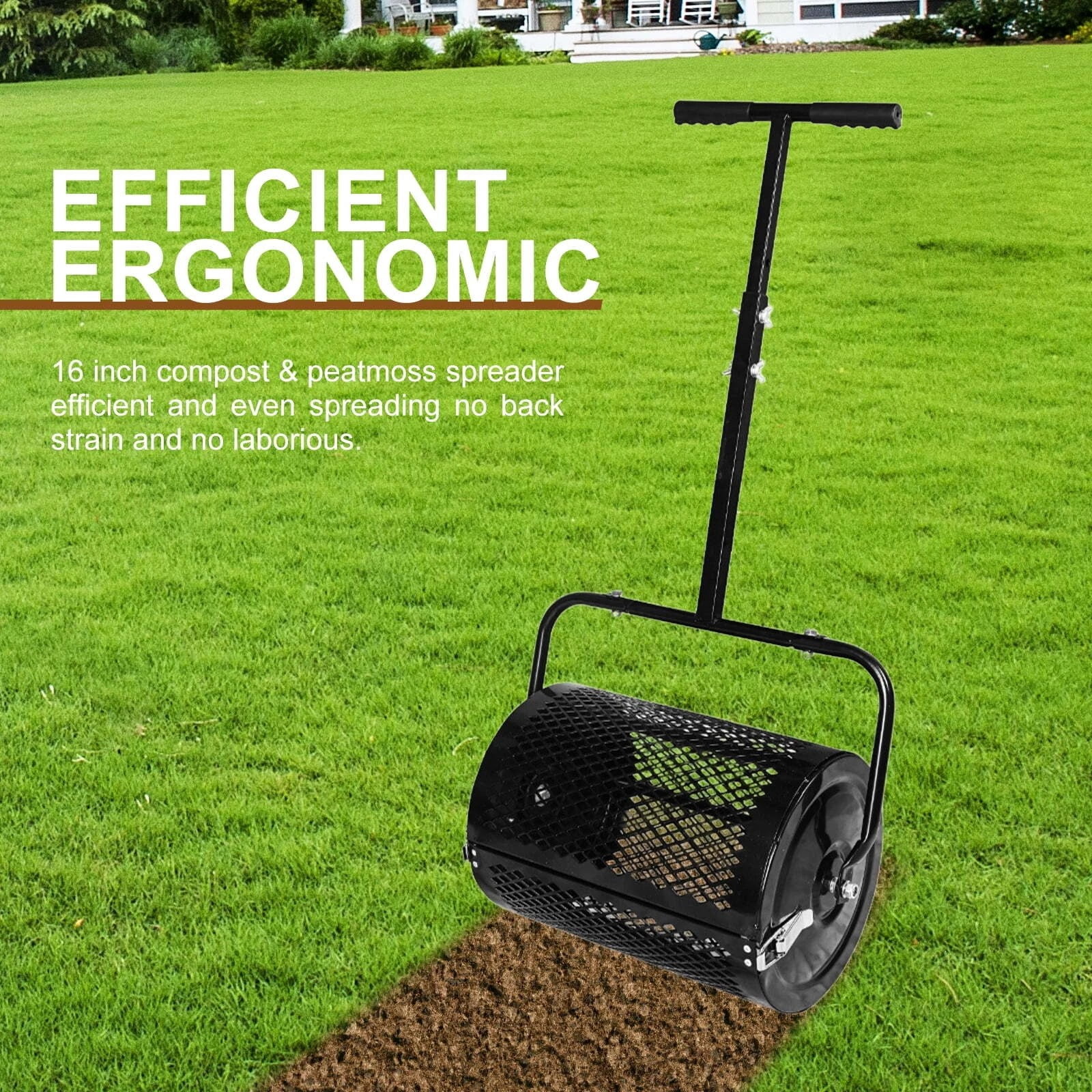 Makeatree 16 inch Compost Spreader and Peat Moss Spreader,  Lawn Roller Spreader with Height Adjustable T Shaped Handle, Steel Mesh Basket Garden for Spreading Manure Topsoil