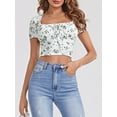 thumbnail image 3 of Biezeib Women's Crop Tops Slim Fit Square Neck Short Sleeve Front Tie-Up Showing Navel Floral Tops Shirt for Summer, 3 of 6