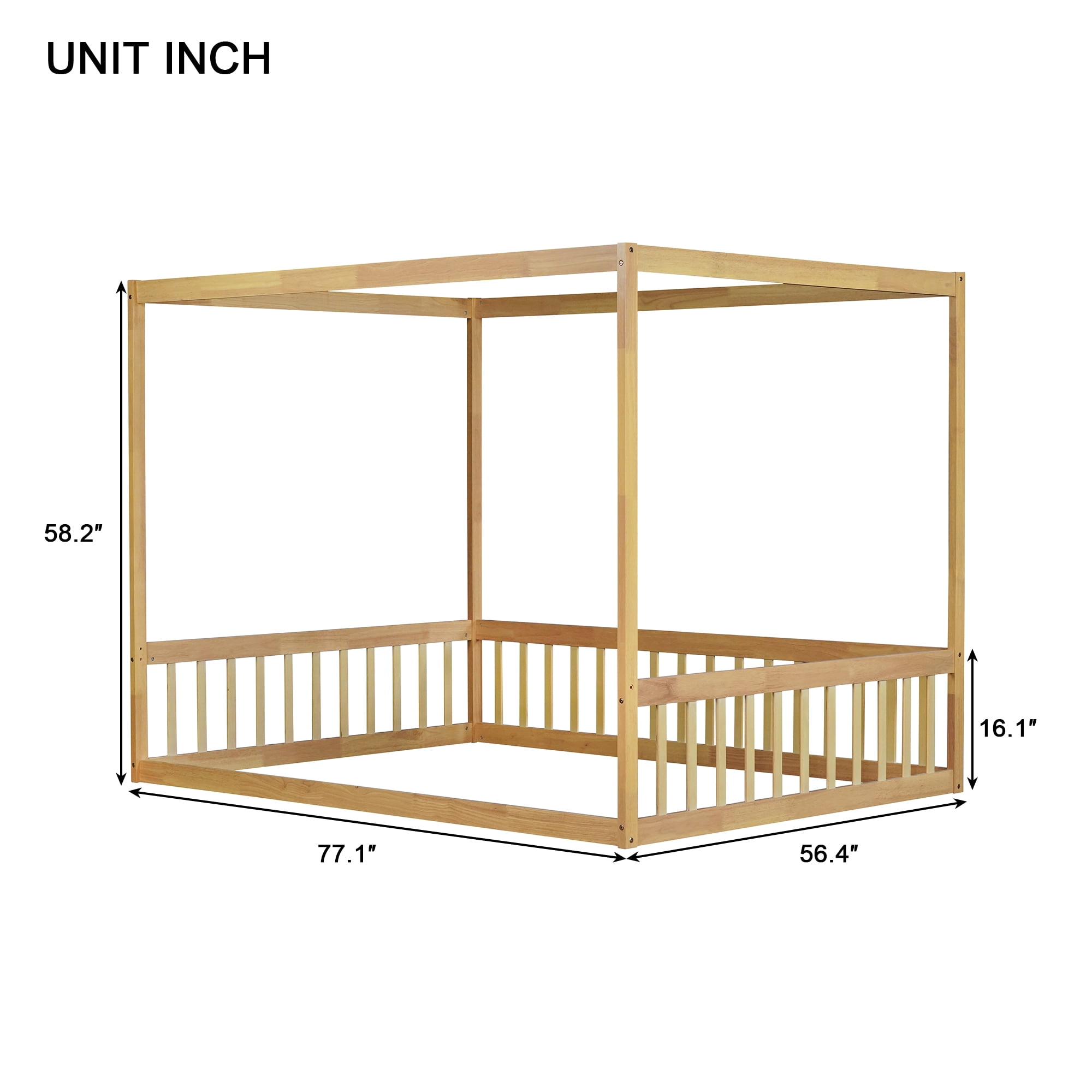 Full Size Floor Bed with Fence, Wood Canopy Frame Bed with Guardrails, Rubberwood Platform Bed Frame No Box Spring Needed for All Ages, Natural