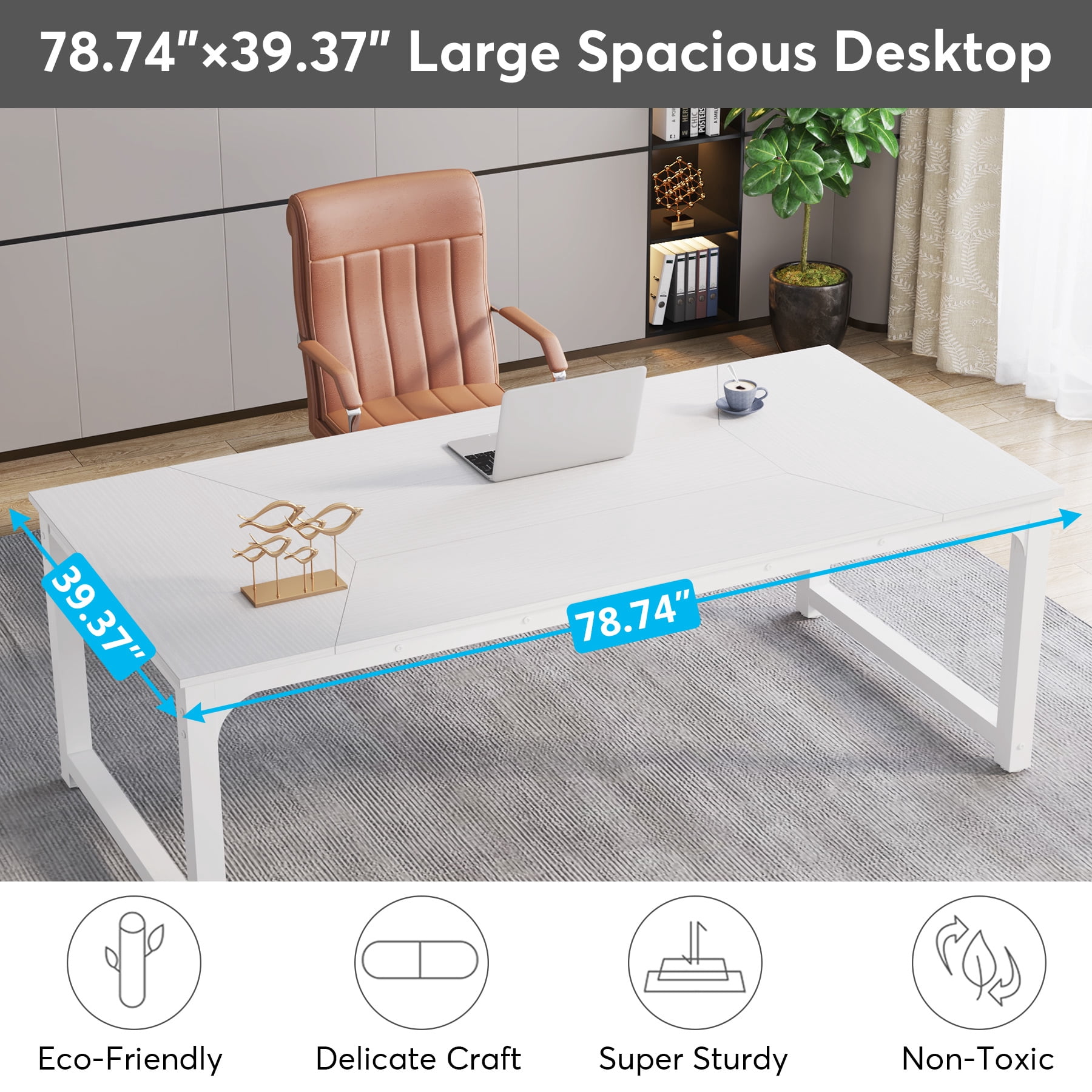 Tribesigns 78.7 Inch Large Computer Table, Modern Sturdy Writing Desk for Home Office, White