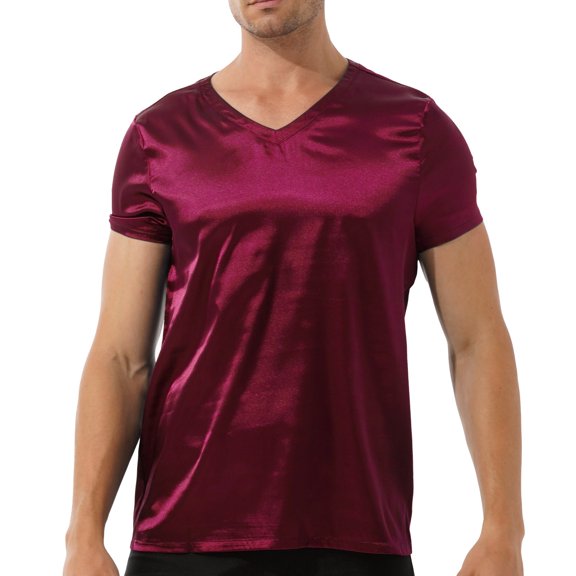 Eandarui Mens Nightwear Comfy Nightshirt V Neck Short Sleeve Satin T-Shirt Loose Pajama Blouses Burgundy M