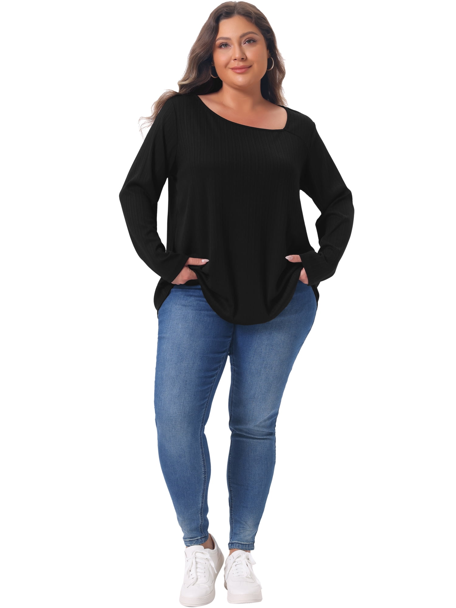 DARING DIVA Women's Plus Long Sleeve Asymmetrical Neckline 3X Black