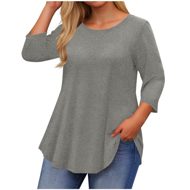 Plus Tamaño Suelto Ajuste Camisetas para las Mujeres Impresas 3/4 Manga Cuello Redondo Blusa Casual Verano, Más Tamaño de la Túnica de Manga Larga para las Mujeres
