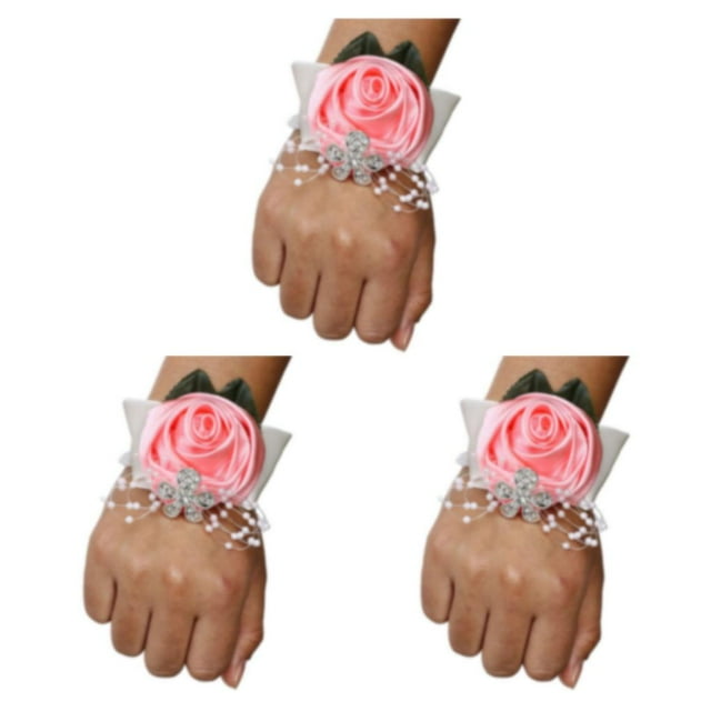 relayinert Unique Stretch Wristband With Handmade Satin Roses For Stylish Look Easy To Wear N5 pink 3Set