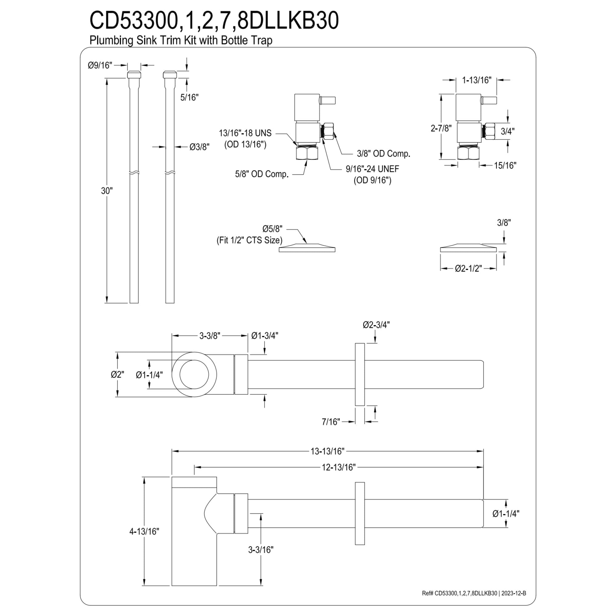 Kingston Brass CD53307DLLKB30 Trimscape Modern Plumbing Sink Trim Kit with Bottle Trap in Brushed Brass