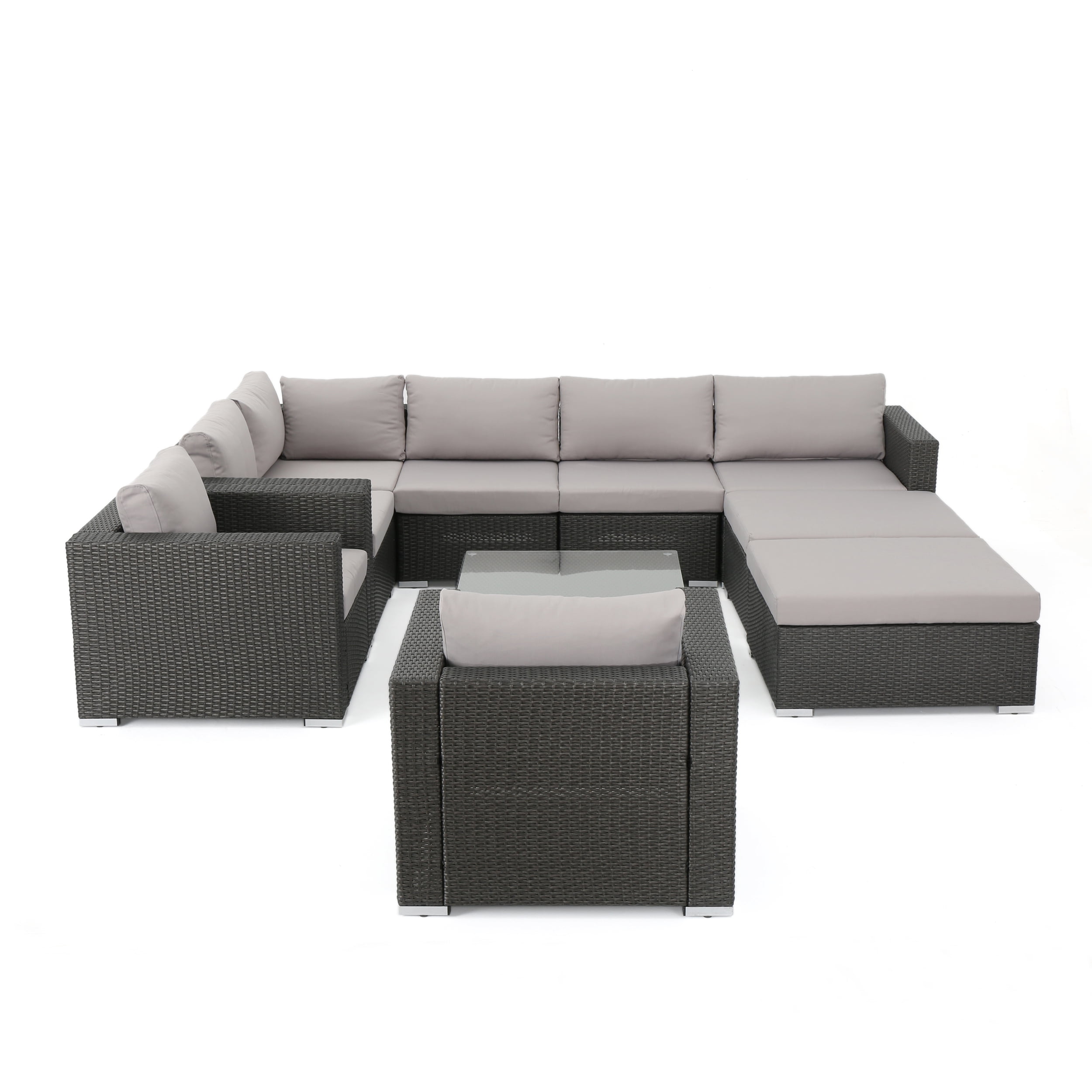 Faviola Outdoor 7 Seater Wicker Sectional Sofa with Aluminum Frame and Cushions, Grey, Silver