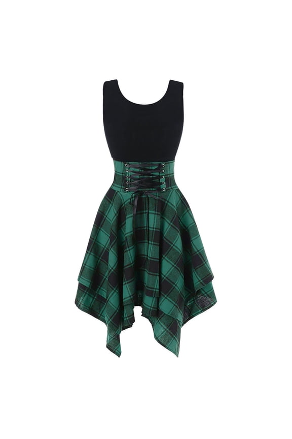Women's Gothic Plaid Corset Dress Sleeveless Vintage Handkerchief Hem Skater Dress for Party & Casual Wear Green 2XL