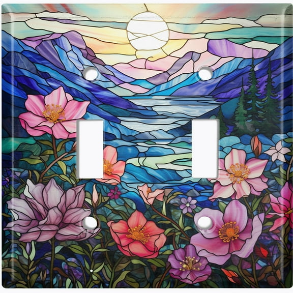 Metal Light Switch Wall Plate Outlet Cover (Printed Image of Stained Glass Mountain View with Flowers - Double Toggle)