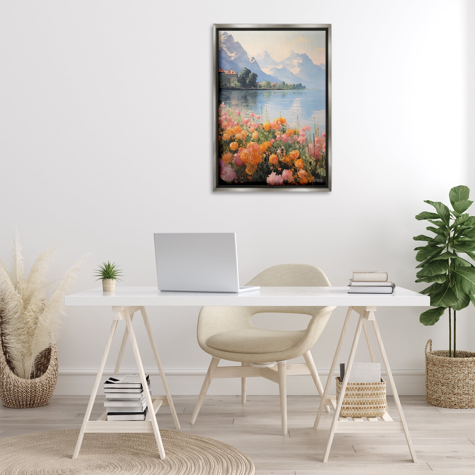 Stupell Industries Mountain Meadow Outskirts Landscape Painting Gray Floater Framed Art Print Wall Art, 21 x 31