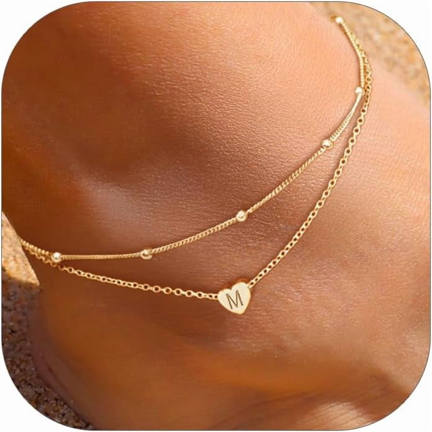 Gold Tone Double Layer Initial Heart Ankle Bracelet, Letter M Beaded Layered Anklet, Minimalist Personalized Adjustable Foot Jewelry for Women Beach Daily Wear