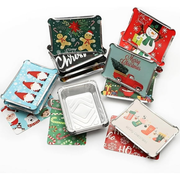 20pcs Christmas Aluminum Pans with lids, Christmas Cookie Tins with Lids Aluminum Pans with Lids Foil Pans with Covers for Baking Roasting Meal Party Gift, 8.66x6.3x2 Inch