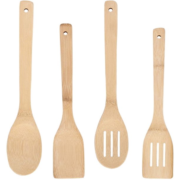 Juego de utensilios de cocina de bambú, utensilios de cocina de bambú, utensilios de cocina para cocinar, sartenes antiadherentes naturales y saludables, 4 piezas, 30 cm Feliz Sencillez