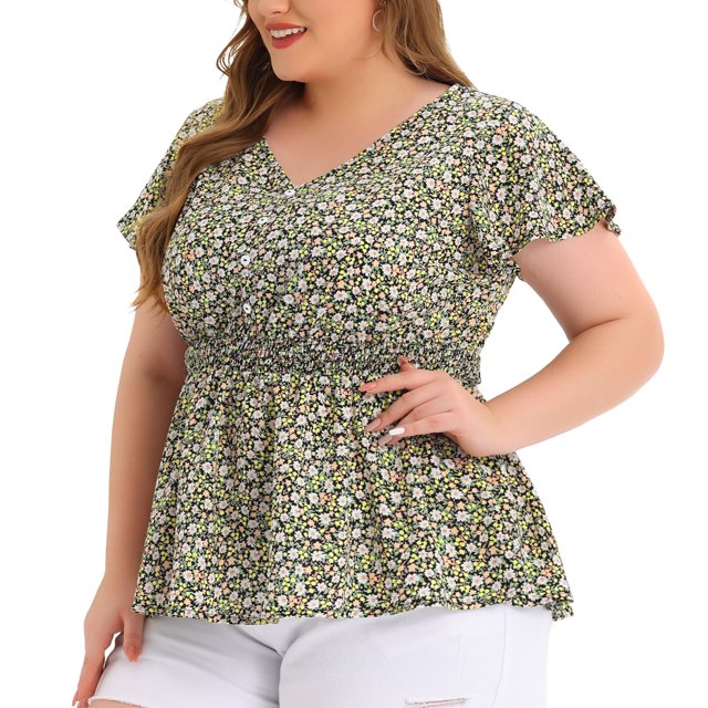 Blusas florales Agnes Orinda de cintufruncicon cuello En V y manacampanapamujer Negro XXL
