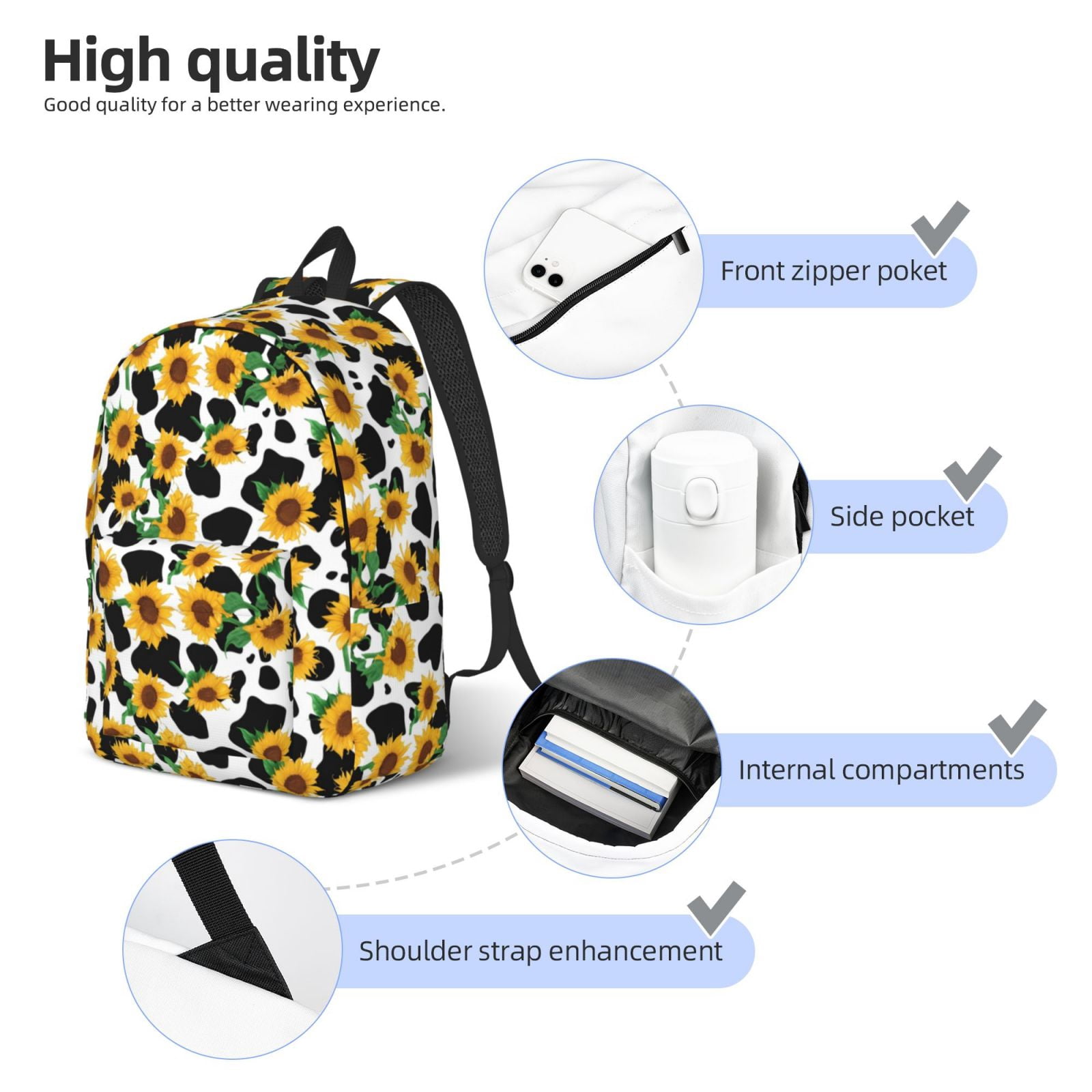 Picia Cute Cow Print Sunflower C Printed Canvas Daypack - Stylish and Durable Vintage Compact Backpack - Class, Work, Travel, or Laptop Bookbag,Organized Compartments-Small