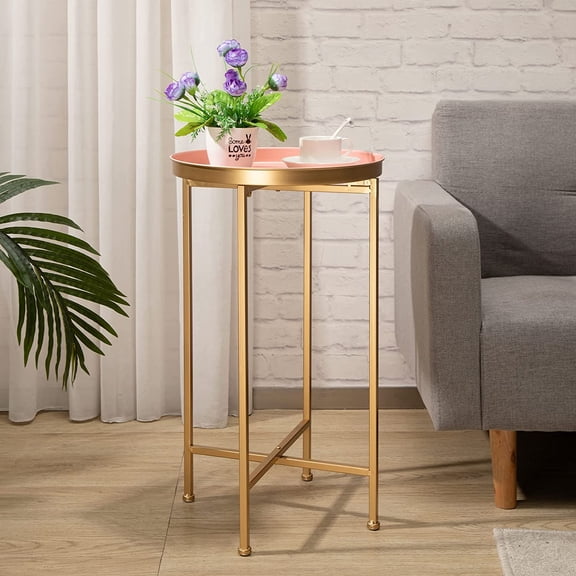 Small Round Metal End Table, Accent Indoor&Outdoor Coffee Side Table, Snack Sofa Table for Living Room, Anti-Rust Decorative Plant Stand, (D) 14.5" x(H) 25", Gold&Pink