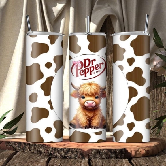 [NO STRAW] Highland Cow Dr Pepper Tumbler: 20oz Stainless Steel Farmhouse Cup