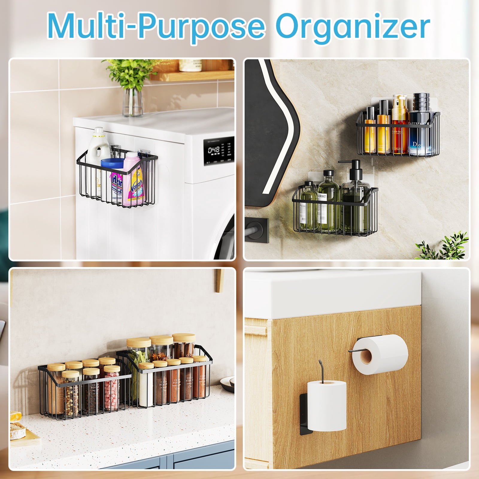 NiHome 3PCS Cabinet Door Lid Organizers & 2PCS Lid Holders, Adhesive or Screw Mount, 3 Sizes Rustproof Metal Baskets for Tupperware Lids, Tumblers, Spices, Toiletries, Under Sink or RV Storage(Black)