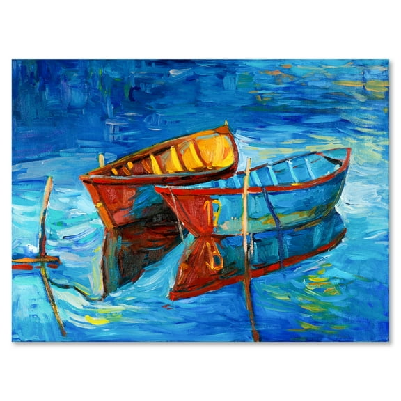 Boat At The Lake During Evening Glow III 8 in x 12 in Painting Canvas Art Print, by Designart