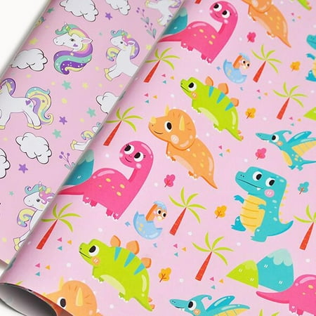 Djenpinex Pink dinosaur PresNok wrapping paper unicorn wrapping paper Happy Birthday Wrapping Paper for Girls Birthday and Holiday Gift Wrap Baby Shower 2 styles 6 Sheets 30x20 inches per sheet