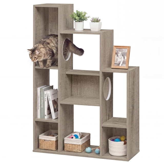 Gymax Bibliothèque Moderne pour Chat avec 2 Trous Ronds Dispositif Anti-Basculement pour Salon Gris Oka