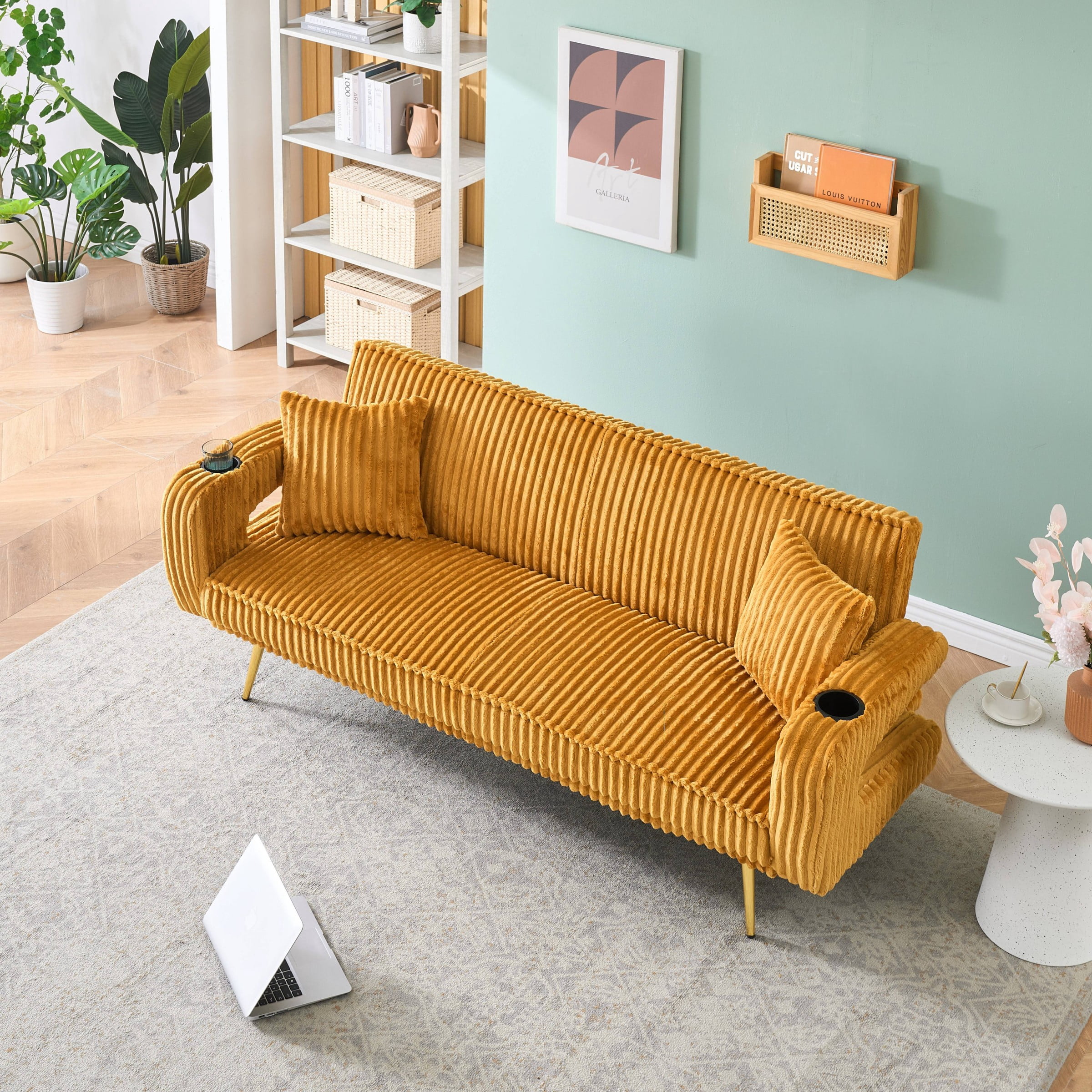 Corduroy Futon Sofa Bed with Pillows,74 inch Modern Convertible Loveseat Sleeper Bed with Adjustable Backrest for Living Room,Orange