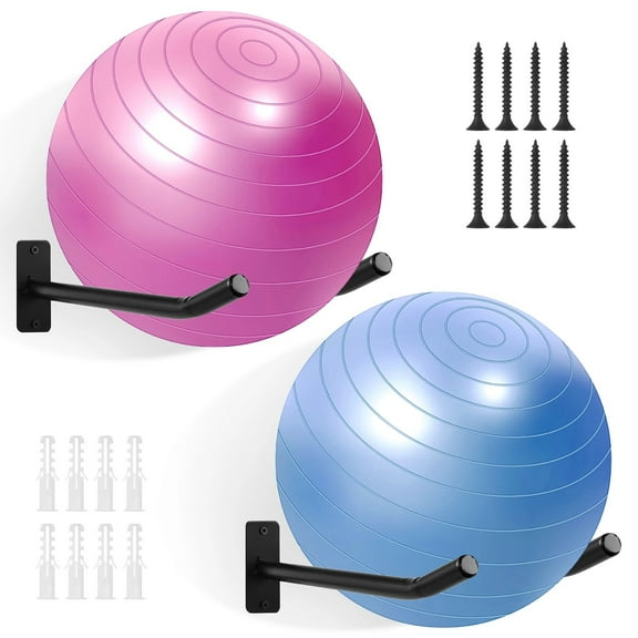 2 Pairs Yoga Ball Racks, Exercise Ball Wall Holder, Fitness Ball Wall Rack for Gym, Garage Ladder Wall Mount, Metal Storage Wall Rack for Basketballs, Volleyballs, Surfboards, Balance Bikes