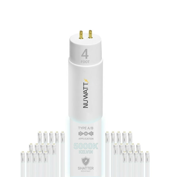 NuWatt 4FT T5 LED Tube Lights A&B Hybrid 5000K Daylight, 24W Plug & Play or Ballast Bypass,G13 30PK