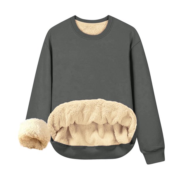 Qucoqpe - Camiseta de manga larga con cuello redondo para mujer, sudadera cálida de invierno con forro polar, blusa informal de color liso, blusa gris oscuro 3XL