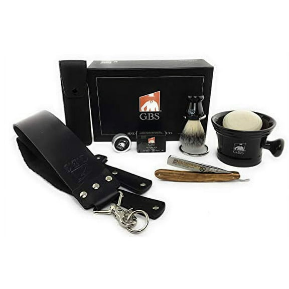 GBS Men's Shaving Gift Set - Dovo 415875 Olivewood 5/8? Razor - Black Ceramic Mug Knob Handle- 3 Oz All Natural Soap - Alum block, case, Synthetic Brush, Stand, and Paste! 