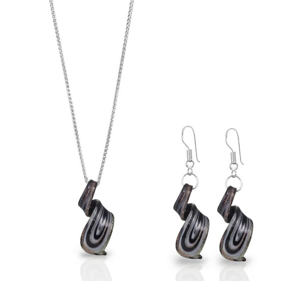 Besheek Sterling Silver Jet Black Tornado Glass Earrings & Necklace Pendant Set