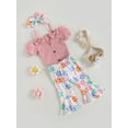thumbnail image 4 of Musuos Baby Girls Summer Jumpsuits Set 6 12 18 24M 3T Button Short Sleeves Romper and Cow Head Flower Print Elastic Flare Pants Headband, 4 of 10