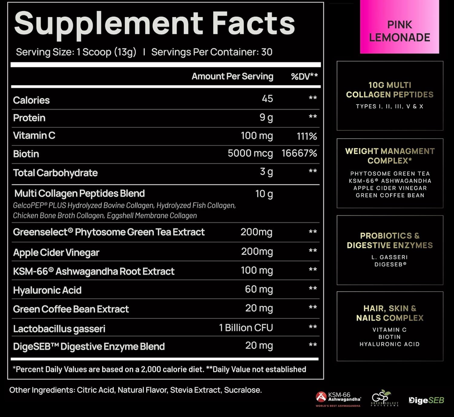 ELMNT Super Collagen Burn Powder for Women w. Hyaluronic Acid, KSM66, Apple C Vinegar, Probiotics, Biotin (Pink Lemon