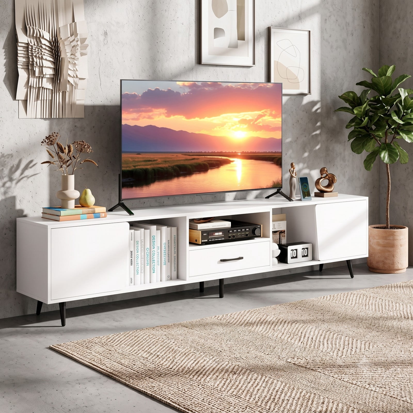 Furnibear 79 Inch TV Stand for TVs up to 90 Inches, Modern Mid Century Wood Entertainment Center Media Console Table with Storage Cabinet for Living, White and Black
