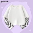 thumbnail image 2 of Qoloboet Striped Pullover Tops for Girls Spring Fall Casual Long Sleeve Round Neck Patchwork Shirts 3-14 Years, 2 of 5