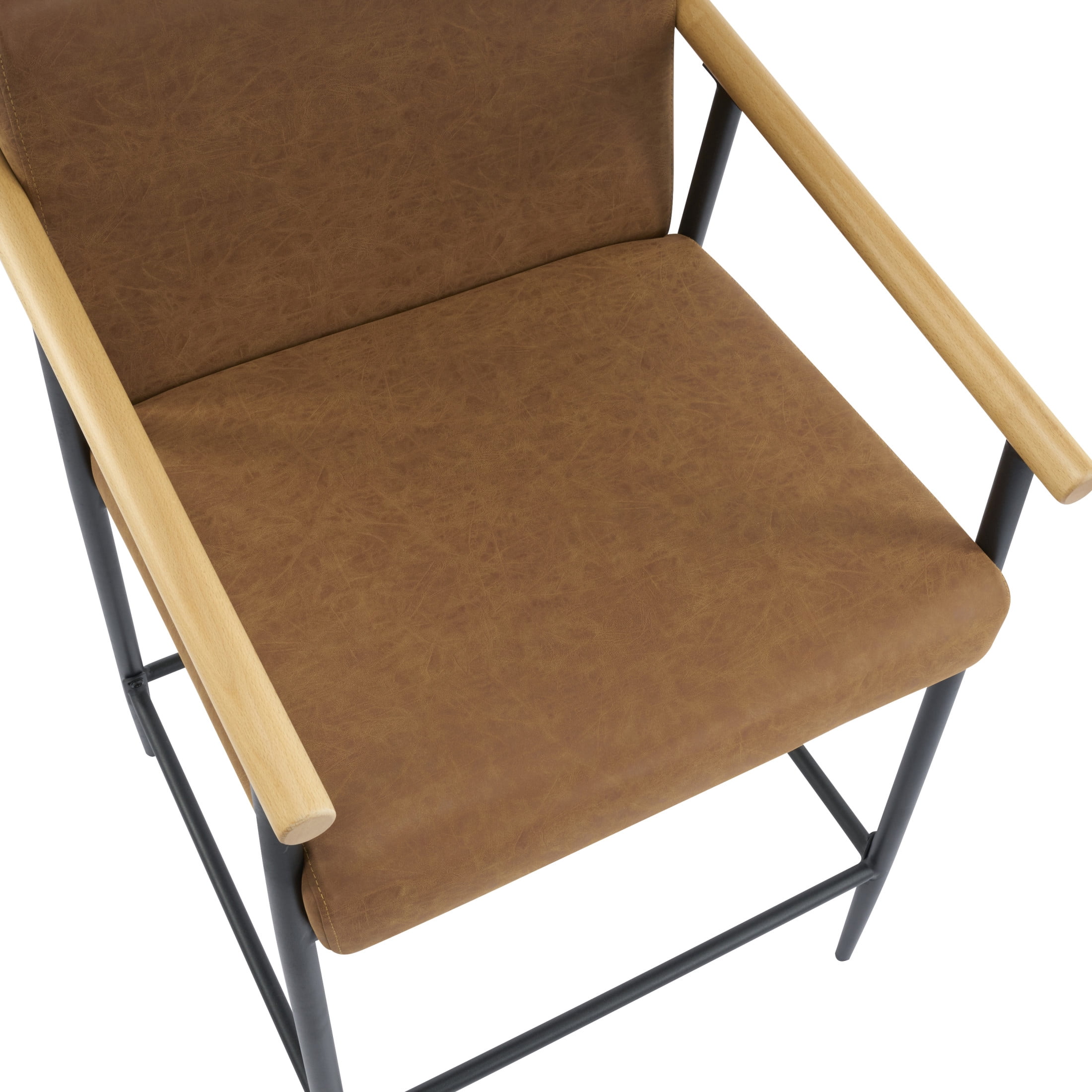 Christopher Knight Home Mid-Century Modern 26" Counter Height Stools, Metal Frame, Wood Armrests, Brown Cushion, Set of 2