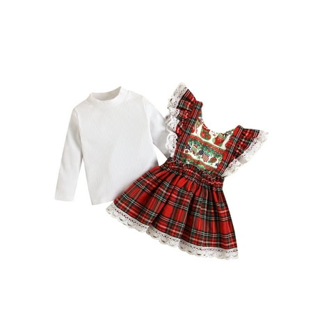 

Canrulo 2Pcs Princess Infant Baby Girls Christmas Clothes Long Sleeve Pullover Tops+Ruffle Lace Plaids Printed Dress Set Red 0-6 Months