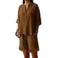 thumbnail image 3 of Jinhomg Shorts Sets Women 2 Piece Outfits Cotton Linen Short Sleeve Shorts Lounge Wear Buttons Down V Neck Tracksuits Brown,S, 3 of 7