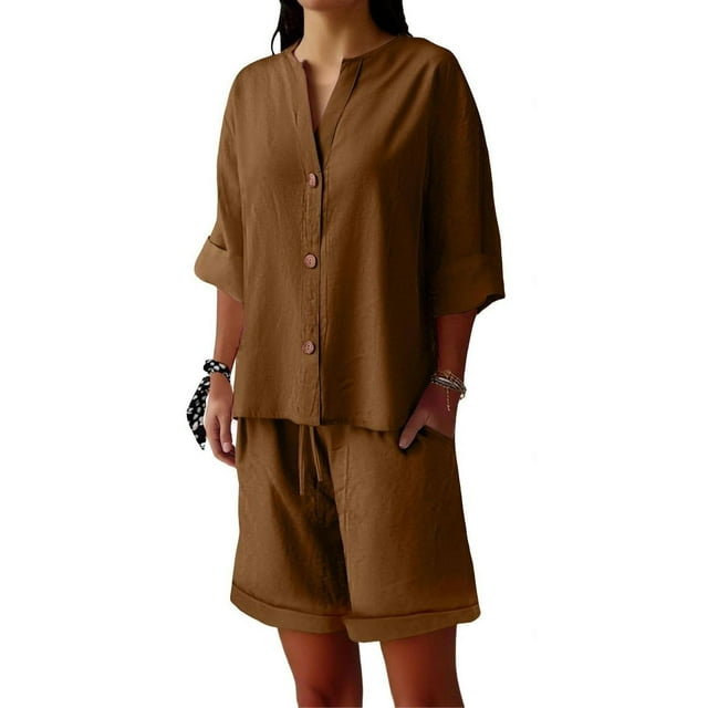Tumotour 2 Piece Outfits Set For Women Summer Casual Wear Matching Two Piece Shirts And Drawstring Shorts Spring Outfit 2025