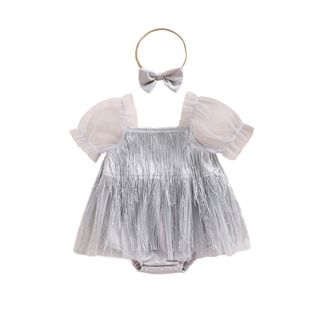 Gupgi Barboteuse à Franges pour Bébé Fille Robe à Manches Courtes avec Bandeau et Franges à Sequins