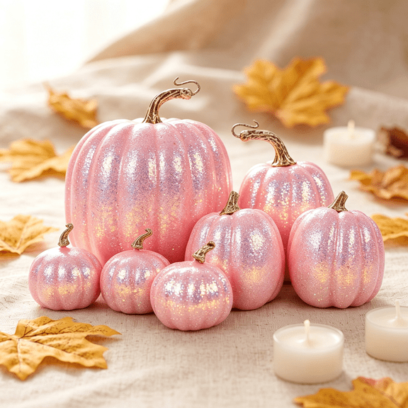 7 PCS Fall Artificial Pink Pumpkins Harvest Faux Foam Pumpkins for Fall Autumn Season Halloween Thanksgiving Harvest Holiday Season Festive Tabletop Decoration