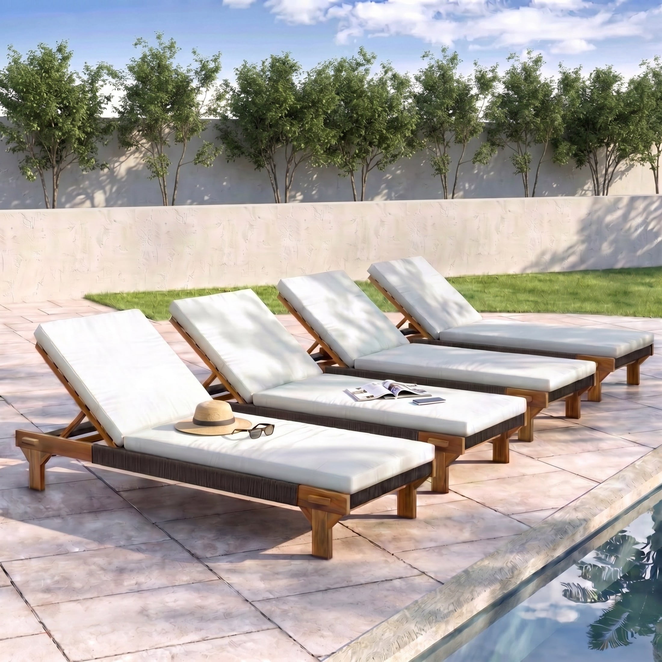 Christopher Knight Home Outdoor Acacia Wood Chaise Lounge with Rope Accents and Cushion, Teak+Cream, Set of 4