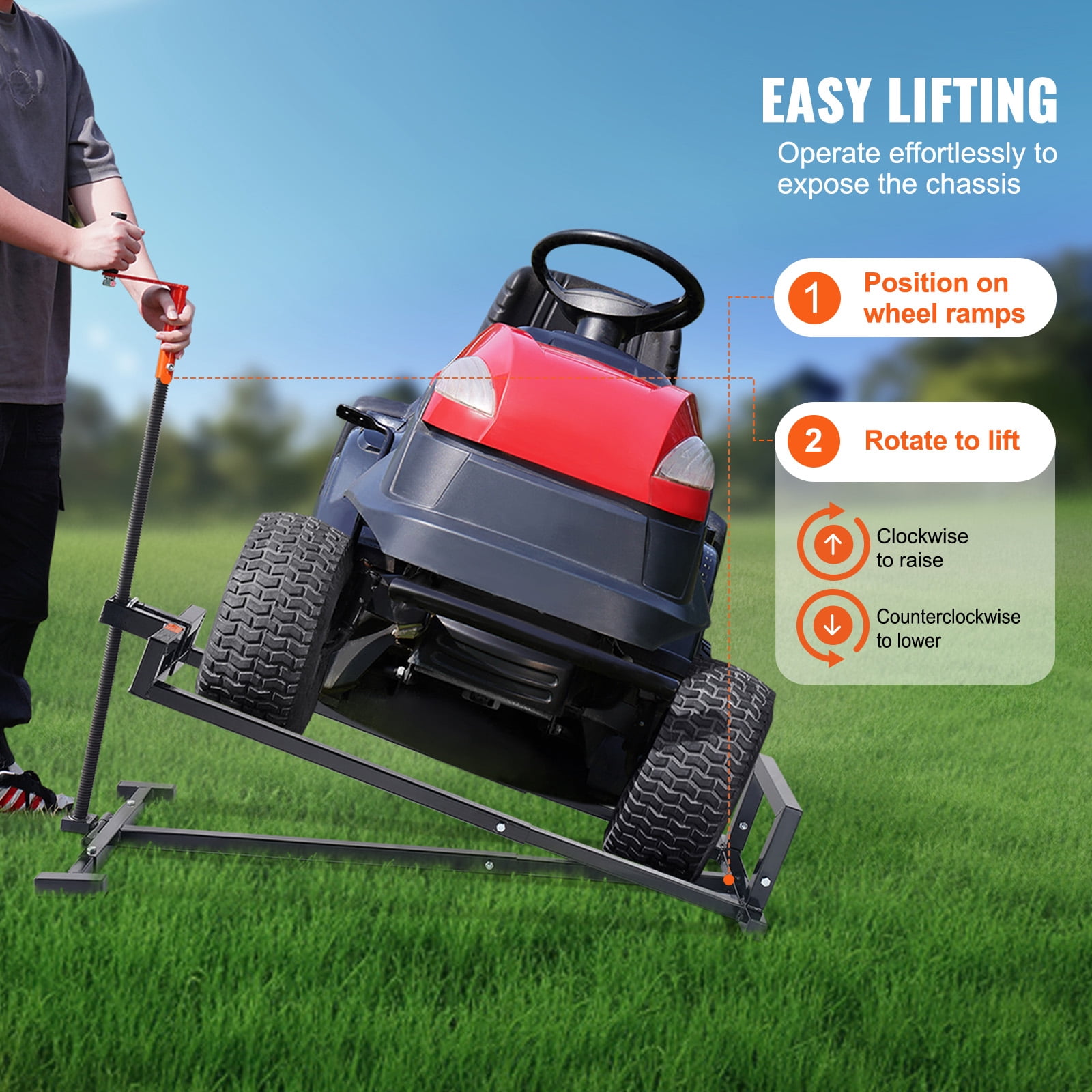 KFFKFF Lawn Mower Lift Jack, 880 Lbs Weight Capacity, with Manual Lever & Power Tool Grip for Riding Lawn Mowers, ATVs, and Garden Tractors